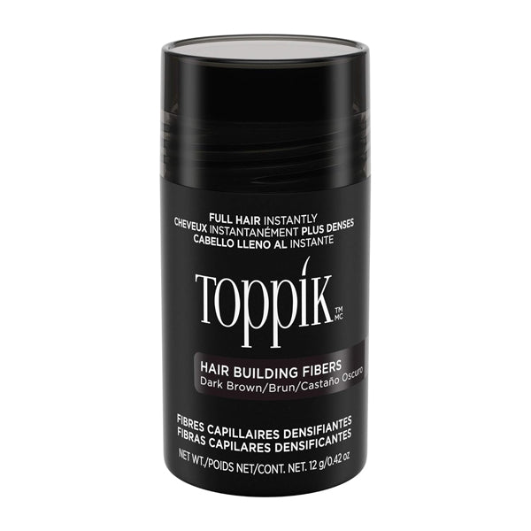 A 12g black cylindrical container of Toppik Hair Building Fibers in Dark Brown for fine or thinning hair, made with keratin protein and labeled in English, French, and Spanish.